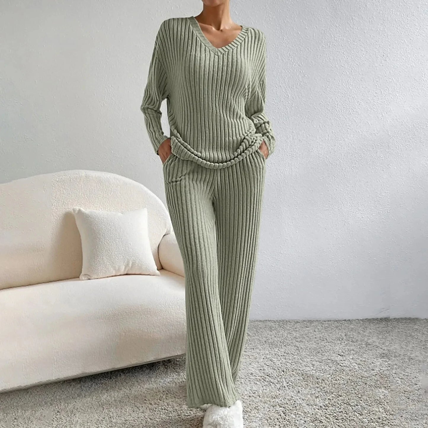 Knit Loungewear Set for Women - Wide Leg Pants - Image 11