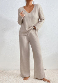 Knit Loungewear Set for Women - Wide Leg Pants - Image 2