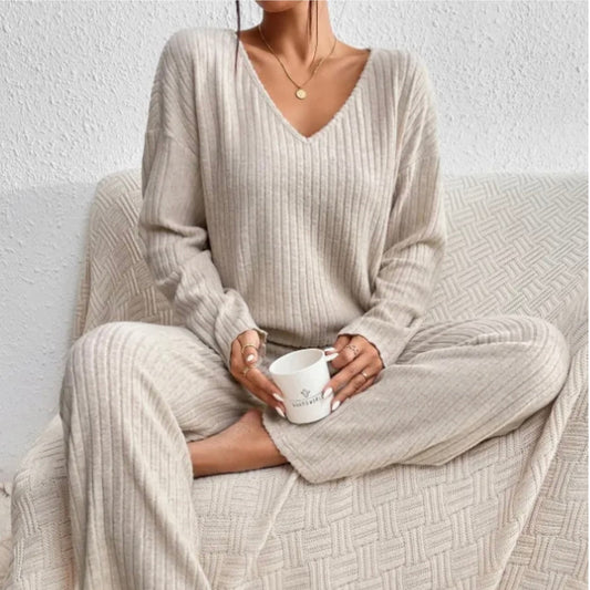 Knit Loungewear Set for Women - Wide Leg Pants - Image 1