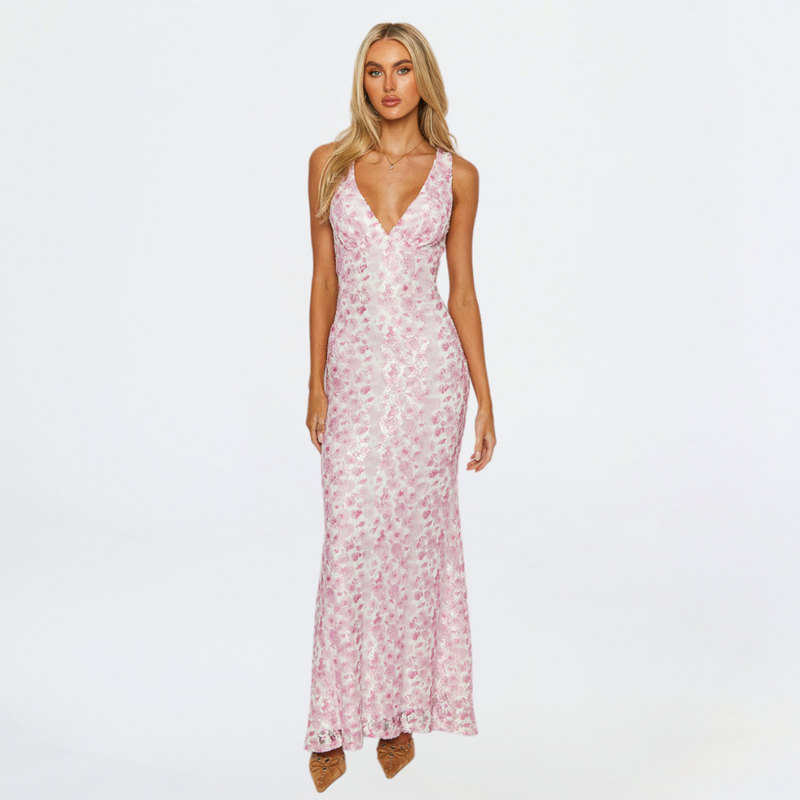 Floral Maxi Dress for women - V-Neck Sleeveless - Fitted Bodycon - Image 1