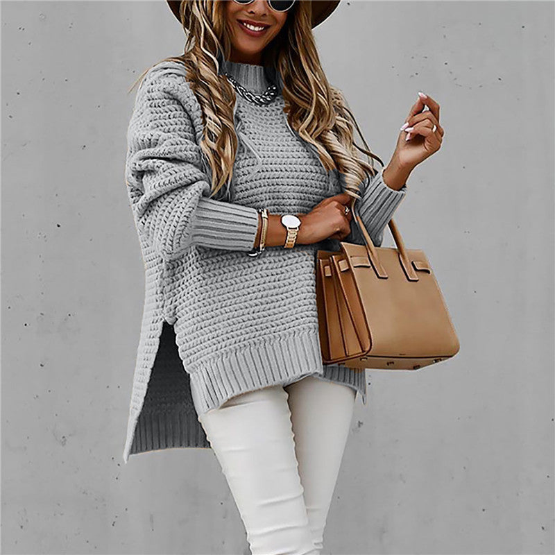 Oversized Pullover Sweater for Women - Split Hem - Image 12