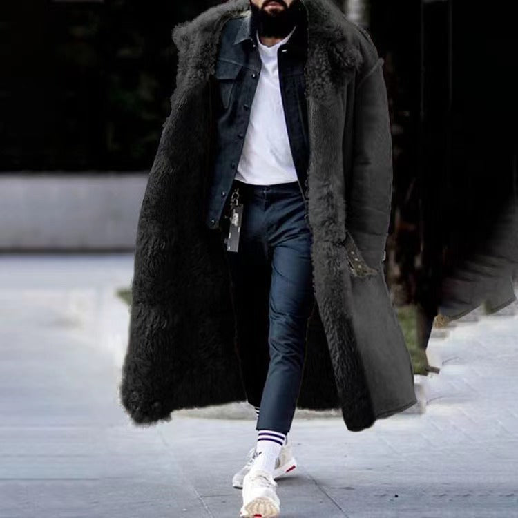 Shearling Long Coat Overcoat for Men - Fur Trim - Image 1