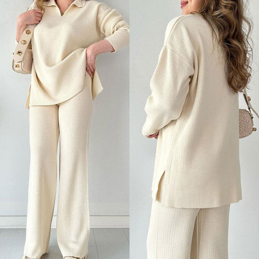 Ribbed Knit Lounge Set for Women - Side Slit - Image 1