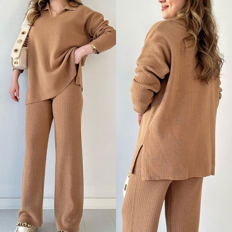 Ribbed Knit Lounge Set for Women - Side Slit - Image 3