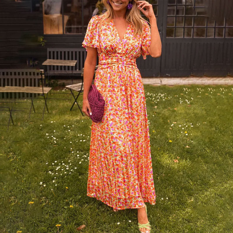 Floral Maxi Dress for women - Wrap Waist Empire Waist - Short Sleeve V-Neck - Pleated Skirt - Image 1