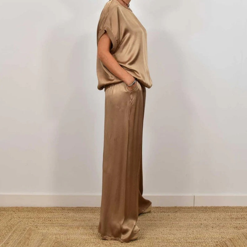 Wide Leg Pants Two-Piece Set for women - Drawstring Waist Pockets - Short Sleeve Top Relaxed Fit - Image 9