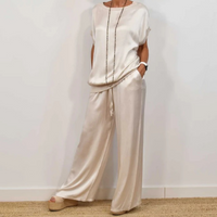 Wide Leg Pants Two-Piece Set for women - Drawstring Waist Pockets - Short Sleeve Top Relaxed Fit - Image 1