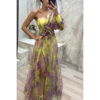 Floral One-Shoulder Gown for women - Slit Puff Sleeve - Ruffle Detail Asymmetric Maxi - Image 2