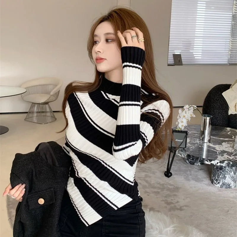 Striped Sweater for Women - Asymmetrical Hem - Image 1