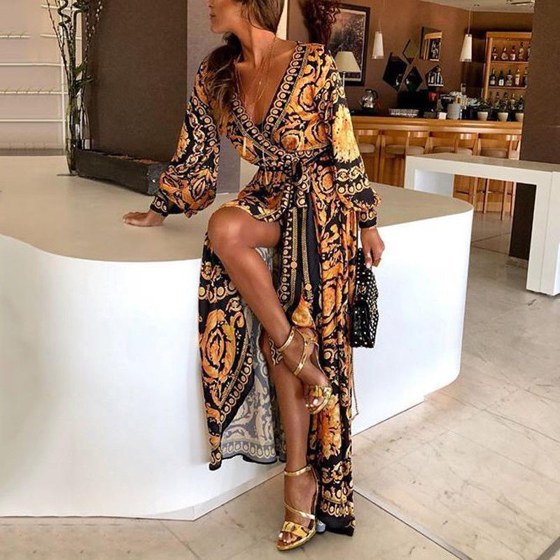 Maxi Dress for women - Long Sleeve Wrap Dress - V-Neck Thigh High Slit - Belted Boho Print - Image 1