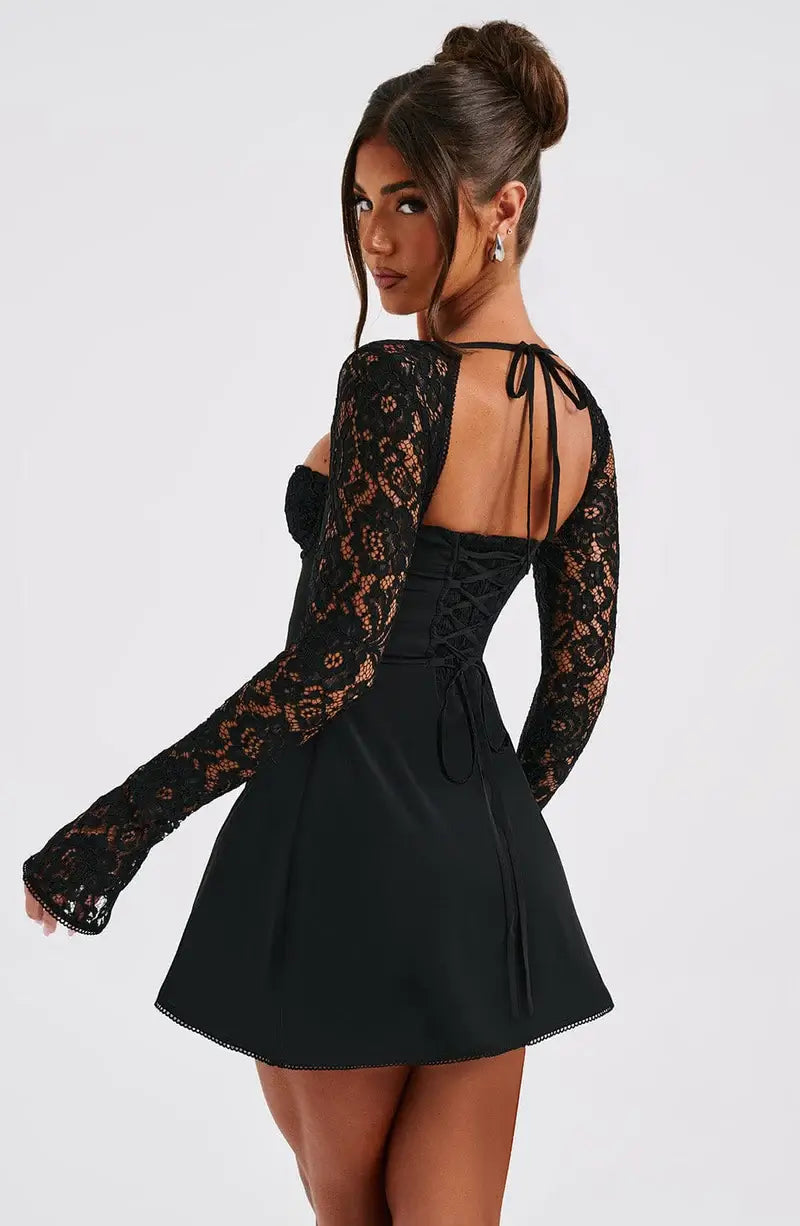 Image of Women's Lace Long Sleeve A-Line Mini Dress