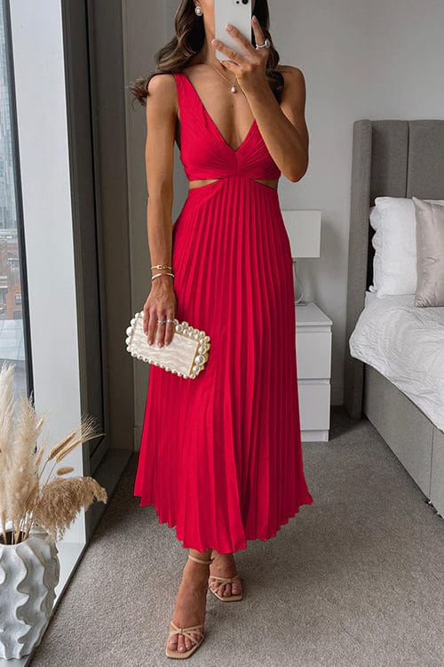 Image of Women's Pleated V-Neck A-Line Midi Dress
