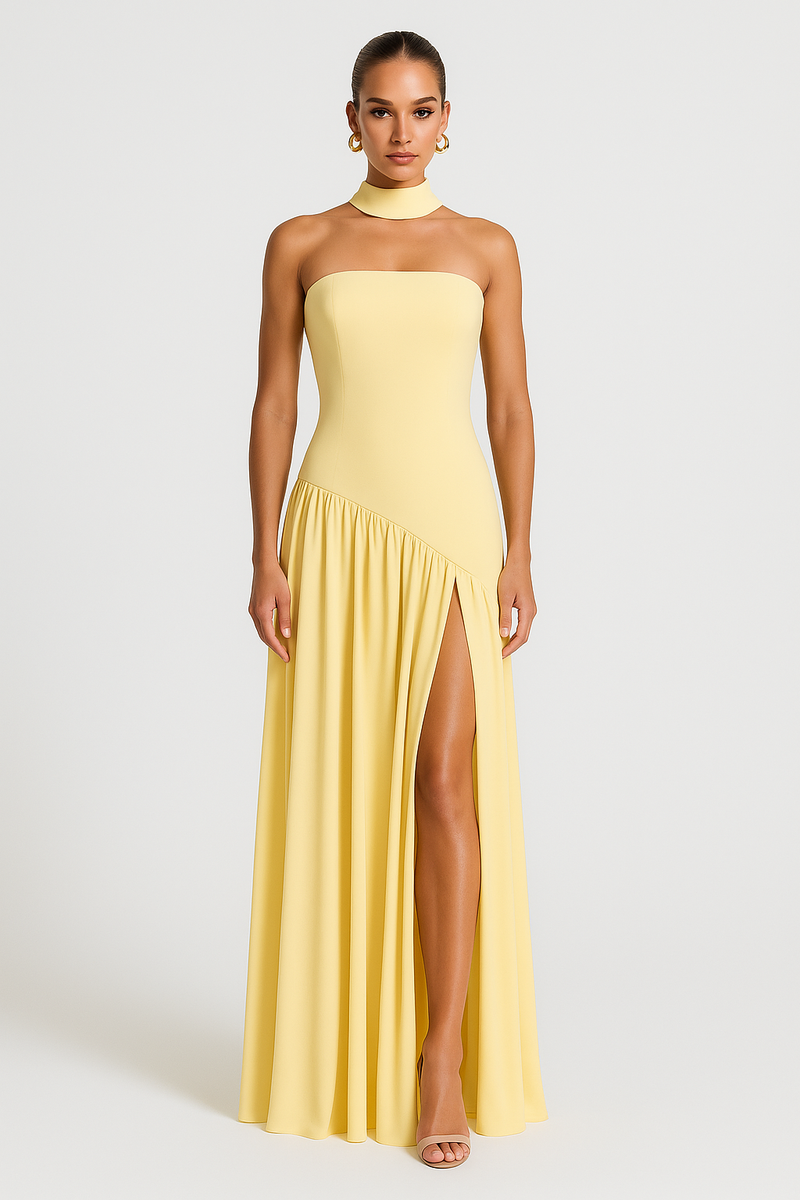 Strapless Maxi Dress for women - Choker Neck Slit Dress - Image 1