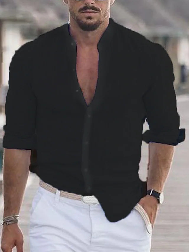 Band Collar Button-Down Shirt for Men - Long Sleeve Roll Sleeve - Image 6