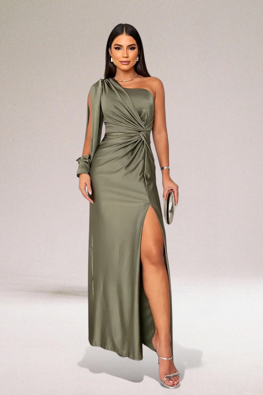 One Shoulder Formal Gown for women - Slit Draped Twist Front Dress - Image 4