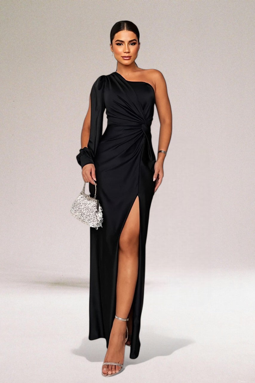 One Shoulder Formal Gown for women - Slit Draped Twist Front Dress - Image 7